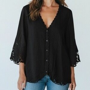 Soft Surroundings Top Women Med Black Lace Trim V-Neck Button Front Blouse